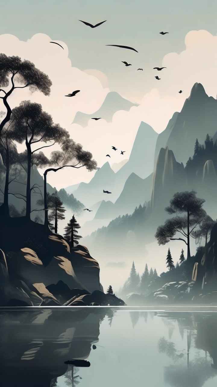国风水彩画山水风景插画 85