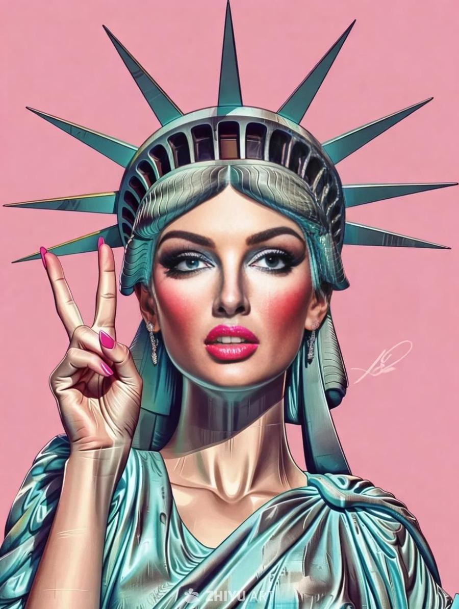 卡通风格的插画中，一位美丽的时尚模特女士拥有粉嫩的