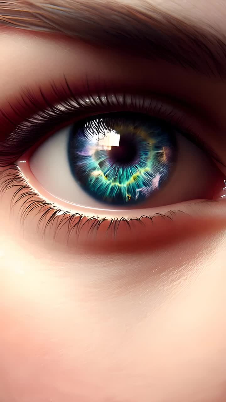 一个眼睛的特写镜头，眼球的颜色在移动，镜头逐渐放大