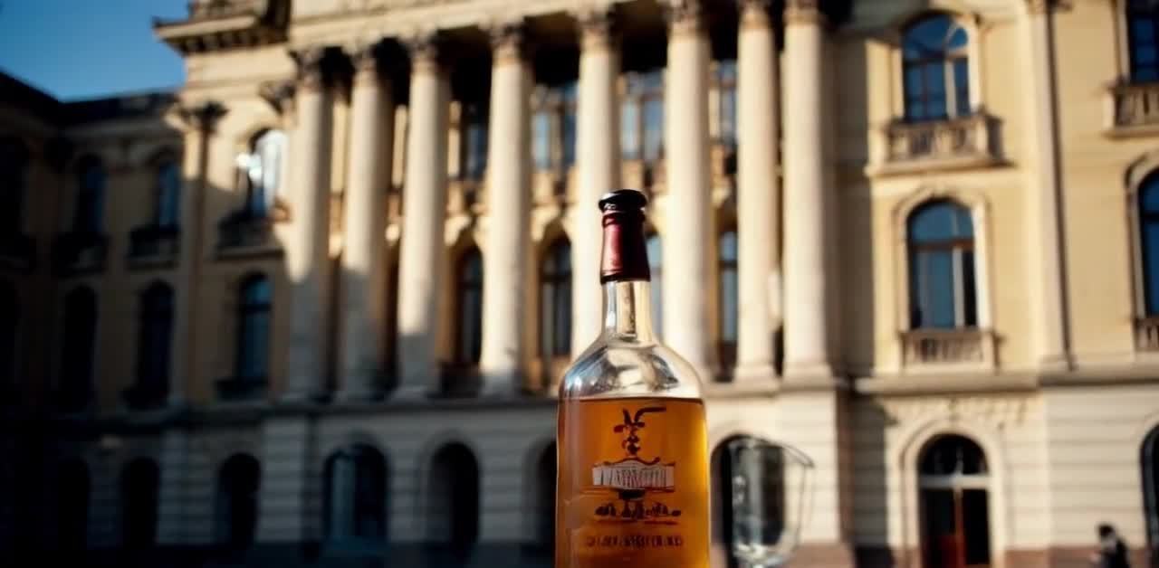 一瓶珞珈赋白酒置于镜头前方，酒瓶部分清晰可见，背景