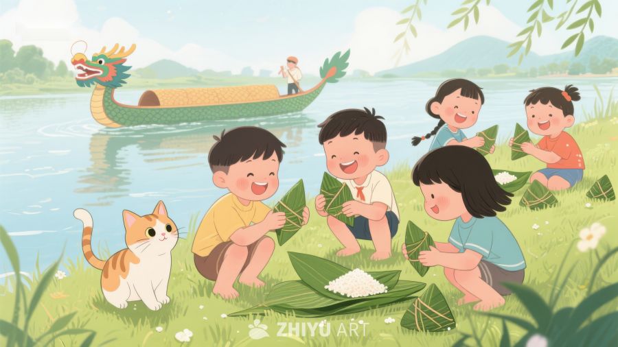 端午节孩子们包粽子和划龙舟 42