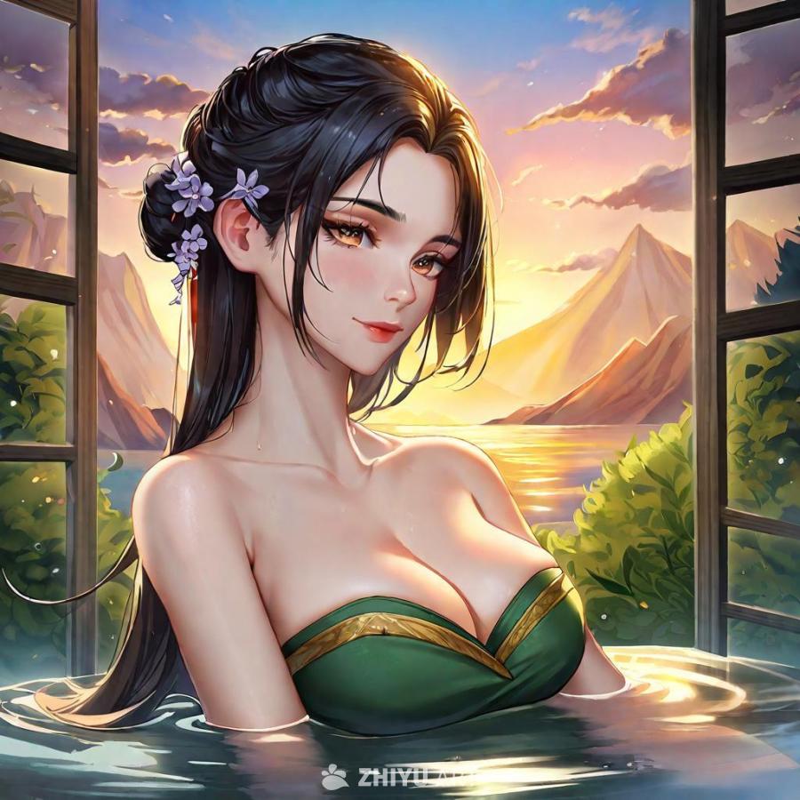 女子站在水中，身穿绿色衣物，头发乌黑，发间别着紫色