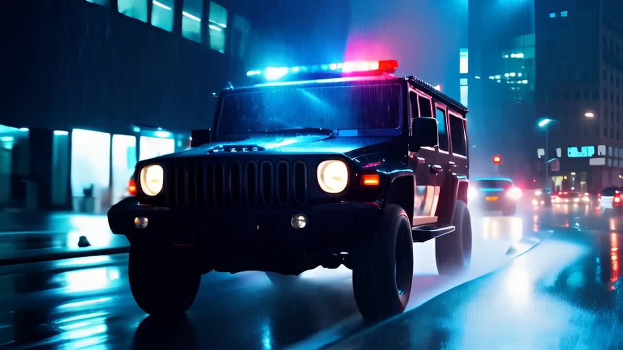 一辆黑色悍马警车，车顶闪烁着警灯，行驶在黑暗下雨的