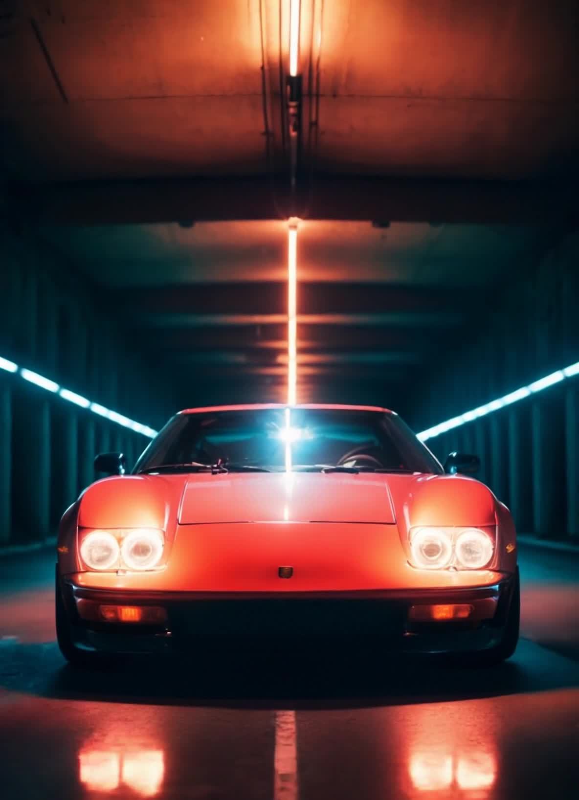 隧道内红跑车，灯光与倒影交织，未来感十足。