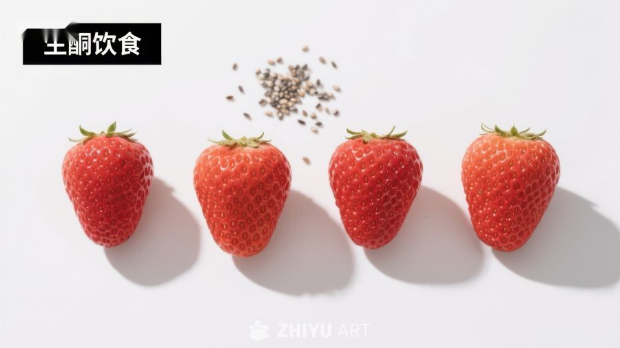 新鲜草莓与种子的排列展示
