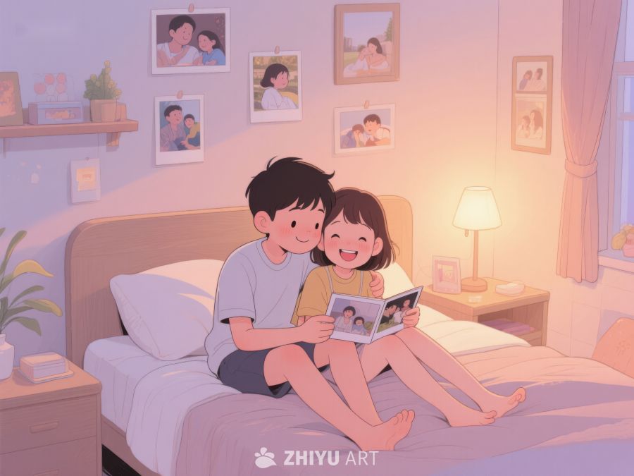 温馨夜晚，共读相册的兄妹时光 868
