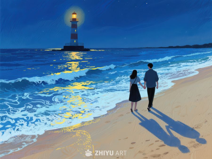 夜幕下的灯塔与海滩漫步 991