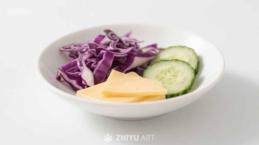 碗中紫甘蓝、黄瓜片与奶酪