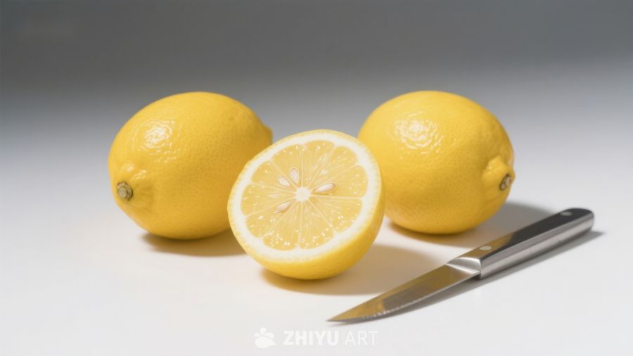 新鲜柠檬与刀具的静物组合