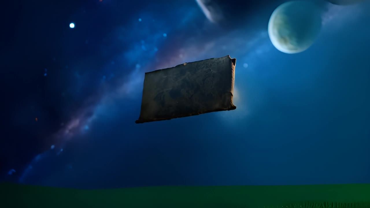 一个深色、矩形物体漂浮在深蓝色背景中，背景中有星云