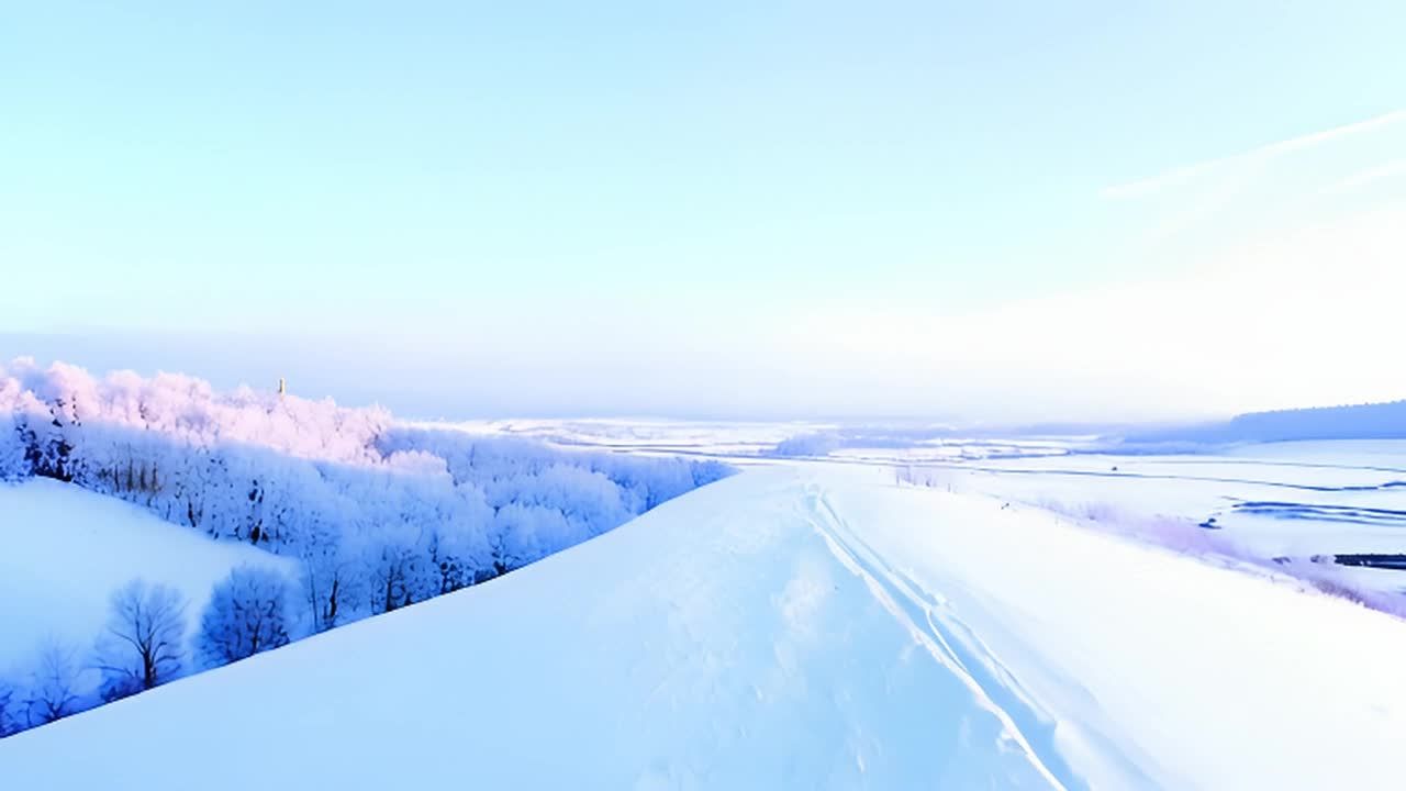 覆盖着白雪的乡村山丘，镜头从山顶缓慢向下移动，展现