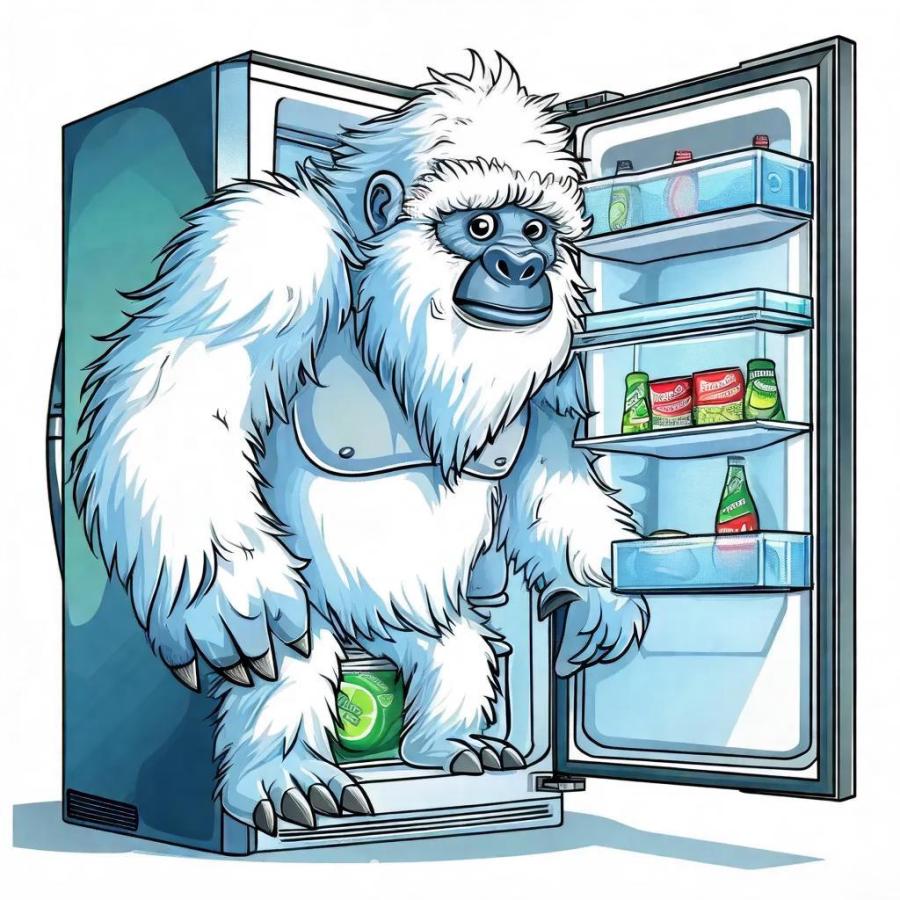 一只卡通造型的雪人在打开的冰箱前。冰箱里有多层隔板