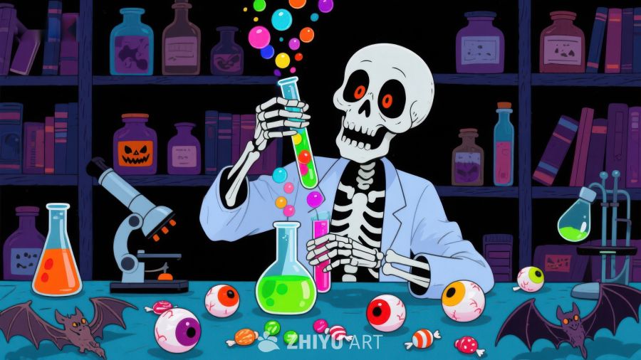 骷髅科学家在实验室进行化学实验