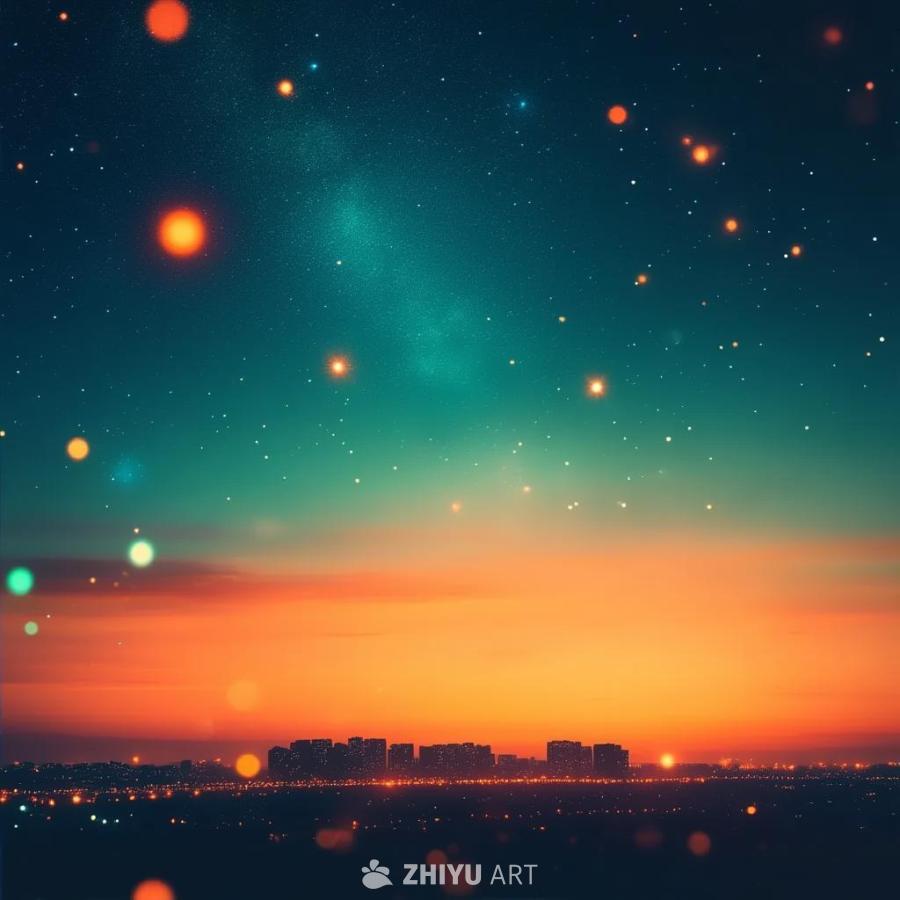 色彩鲜艳的日落天空，从蓝绿色渐变到橙色，点缀着闪烁