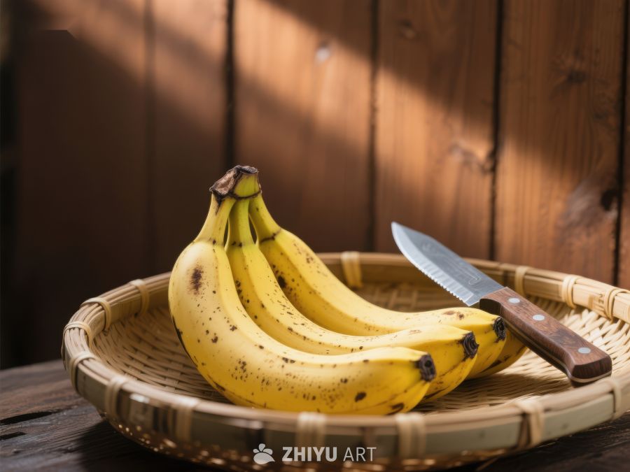 香蕉与刀置于竹篮中 542