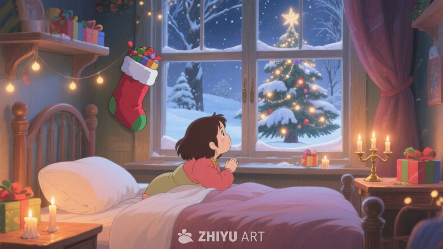 窗边女孩凝望雪夜圣诞树 2