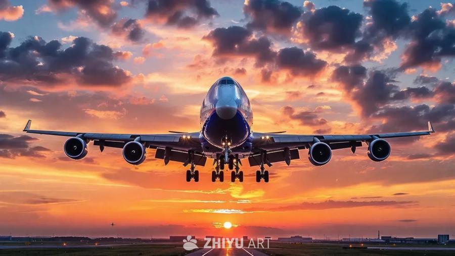一架波音747飞机正对着镜头，位于跑道上。飞机正在