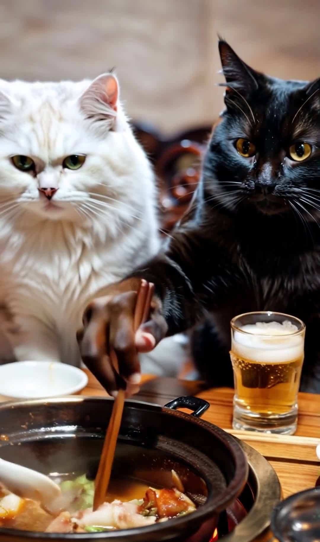 猫咪餐馆：黑白猫吃火锅喝啤酒