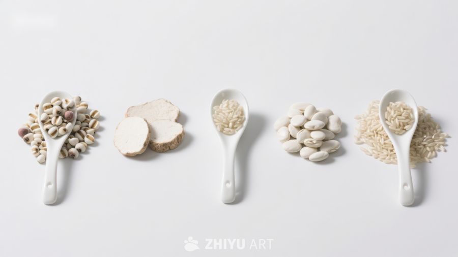 五种食材在白色勺子中的展示