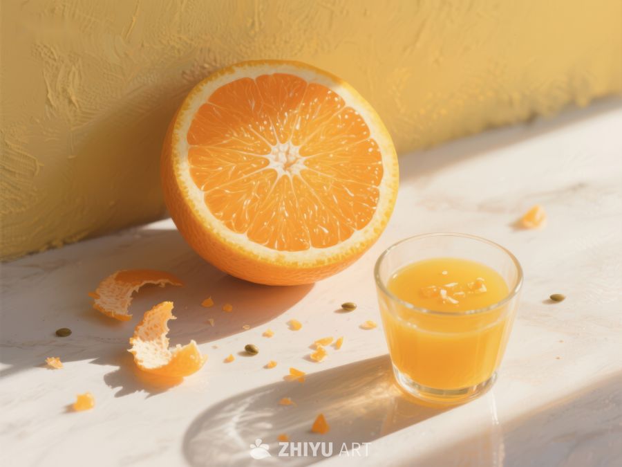橙子切片与果汁杯的静物组合 51