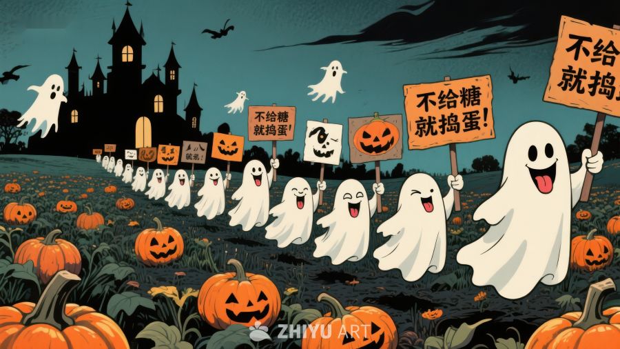 万圣节幽灵游行，南瓜灯与城堡背景