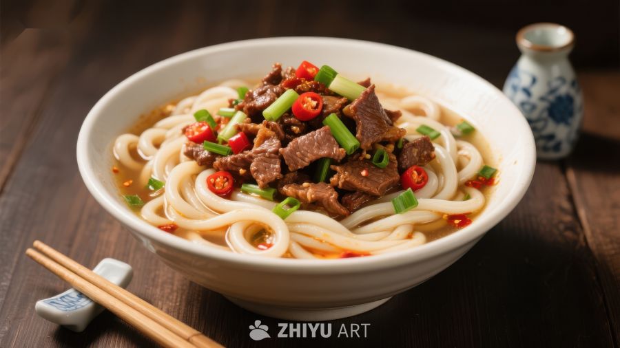 牛肉面配青椒与红辣椒