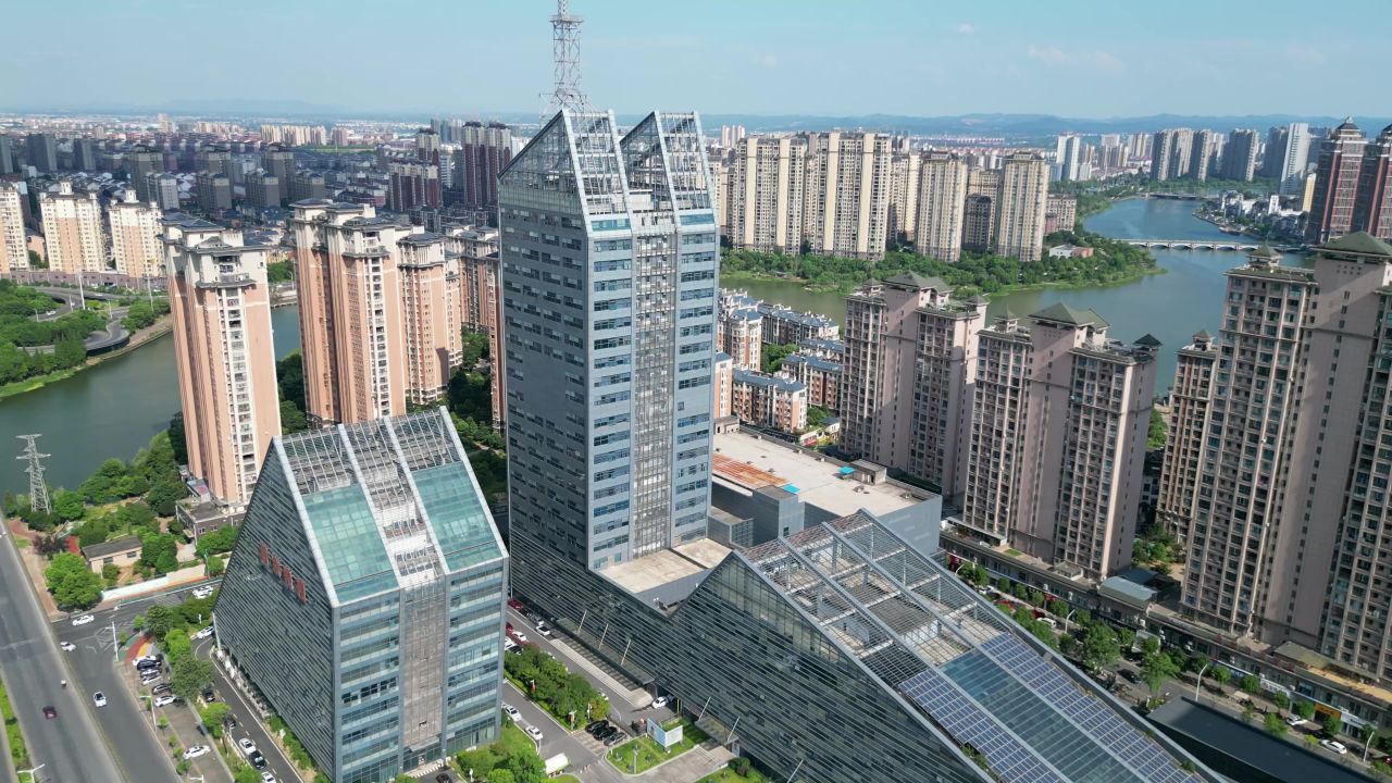 航拍新余图书馆文化中心广电大楼