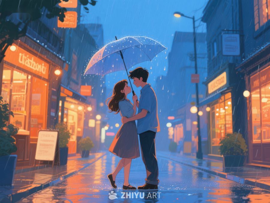 雨夜街头情侣共伞温馨瞬间 1141