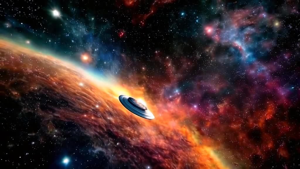 一个圆盘状的飞船漂浮在宇宙中，周围环绕着旋转的星云