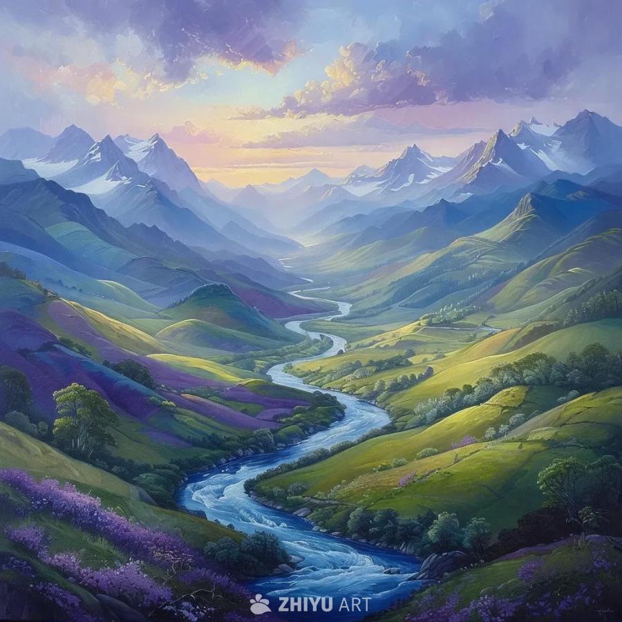 一幅色彩柔和的山水画，主要色调为蓝色、绿色和紫色。