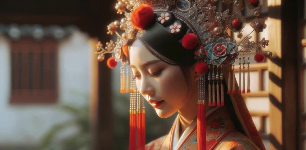 华丽头饰女子侧颜微笑凝视下方