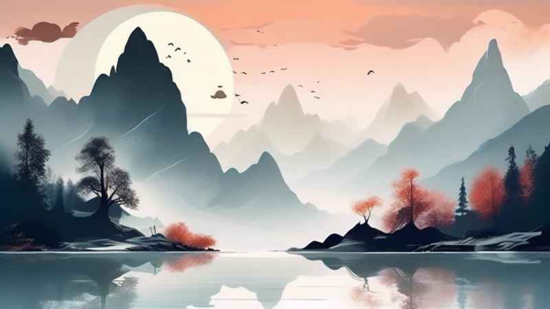 国风水彩画山水风景插画 69