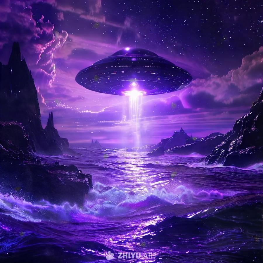 紫色海洋上空悬浮着一艘碟形飞行器，其底部发出明亮的