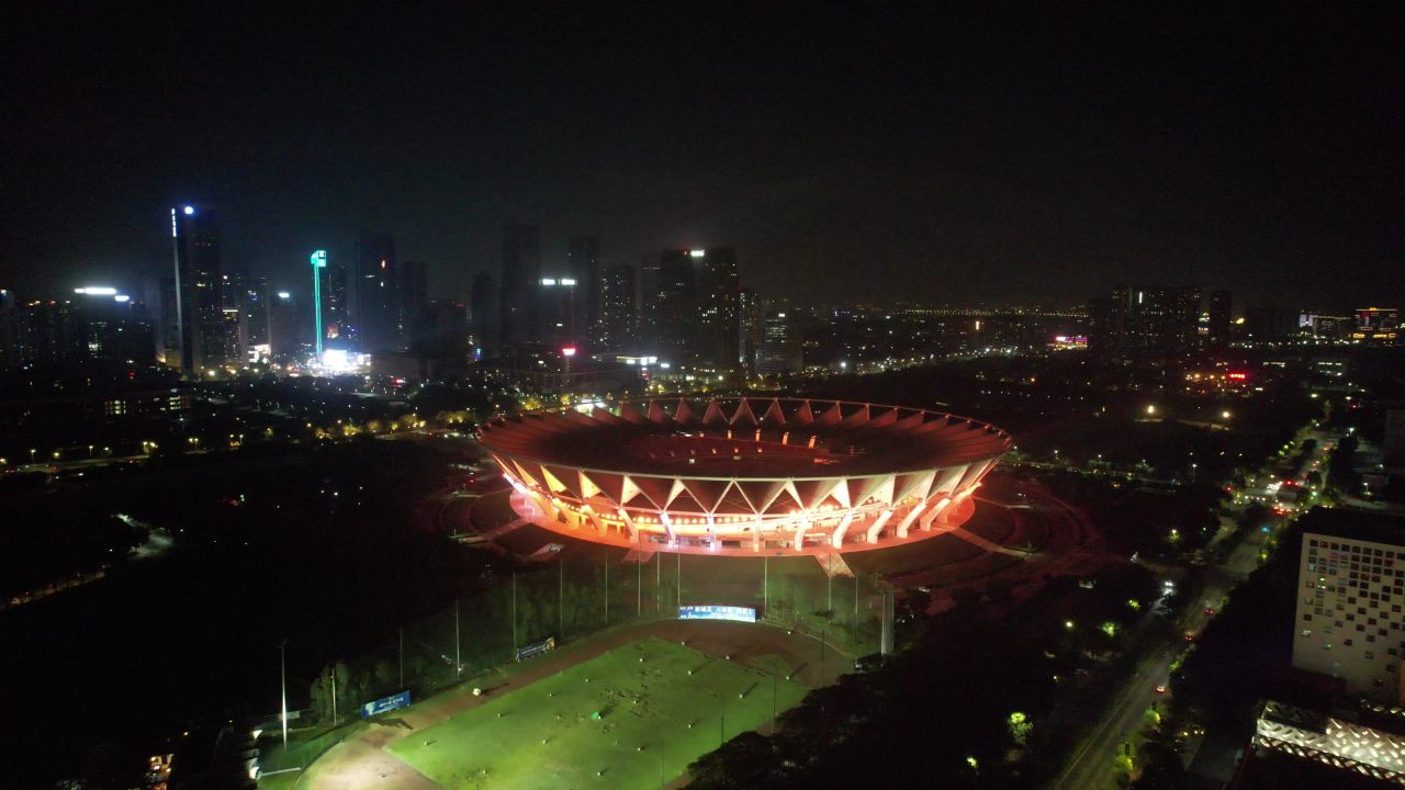 广东佛山世纪莲地标建筑夜景灯光航拍 