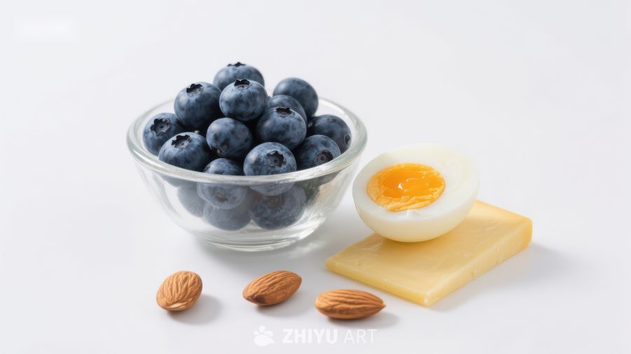 蓝莓、鸡蛋与杏仁的健康早餐组合