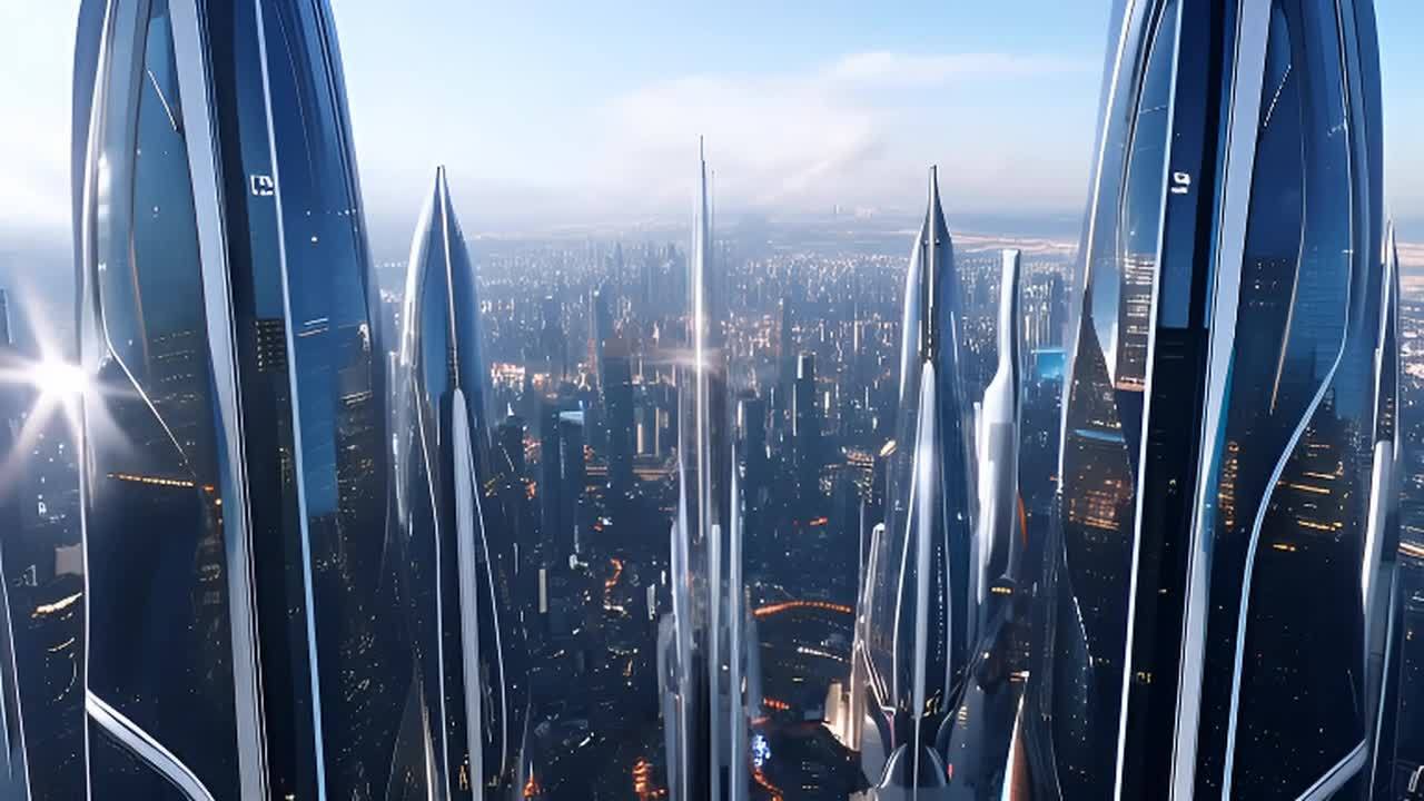 高耸的未来主义城市景观，镜头从高处俯瞰，展示了城市