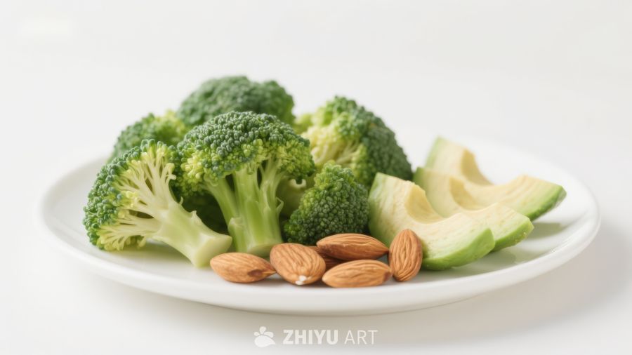 盘中西兰花牛油果坚果