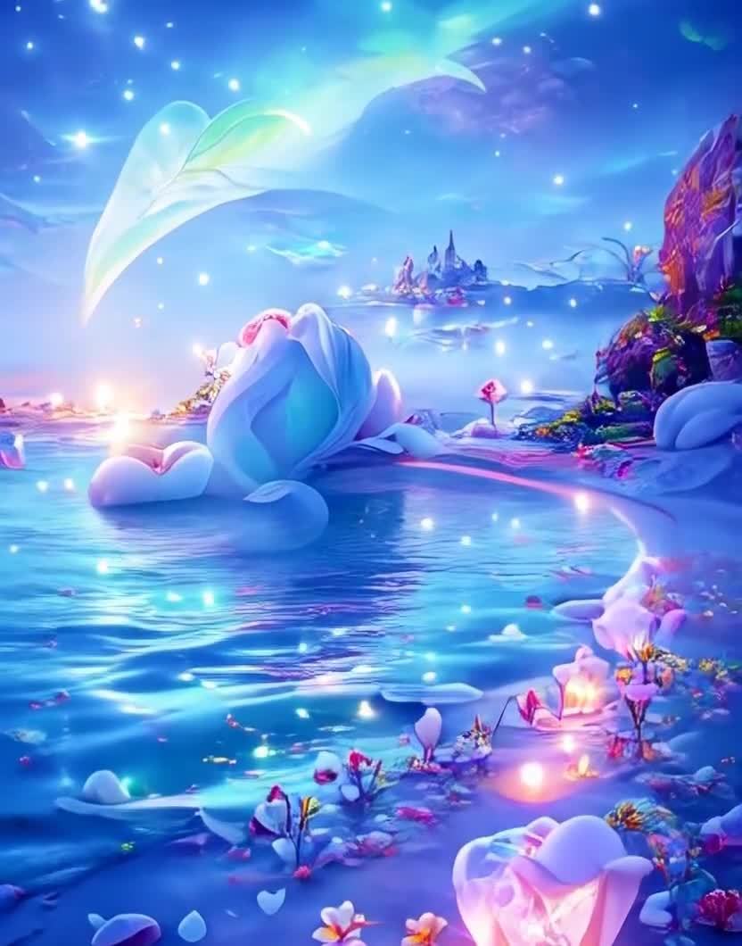 梦幻蓝莲与城堡，水面倒影，灯笼花朵世界