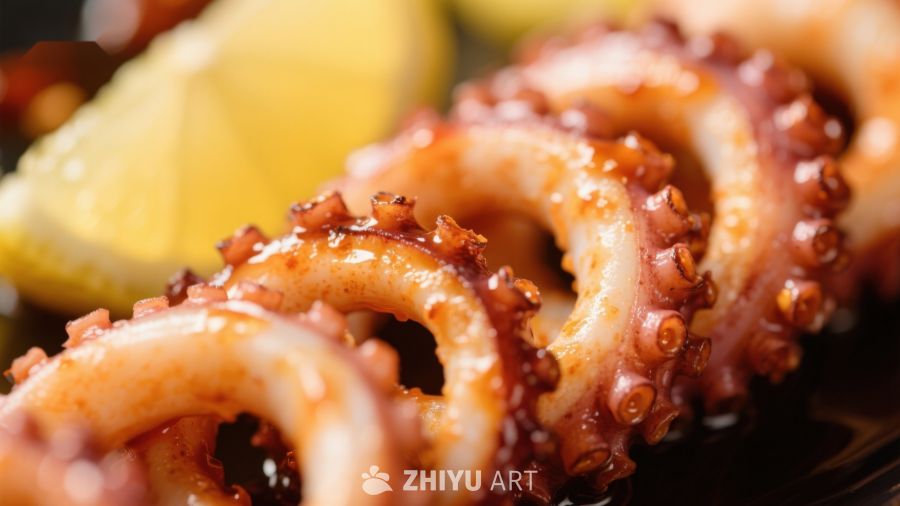 美味鱿鱼圈配柠檬特写