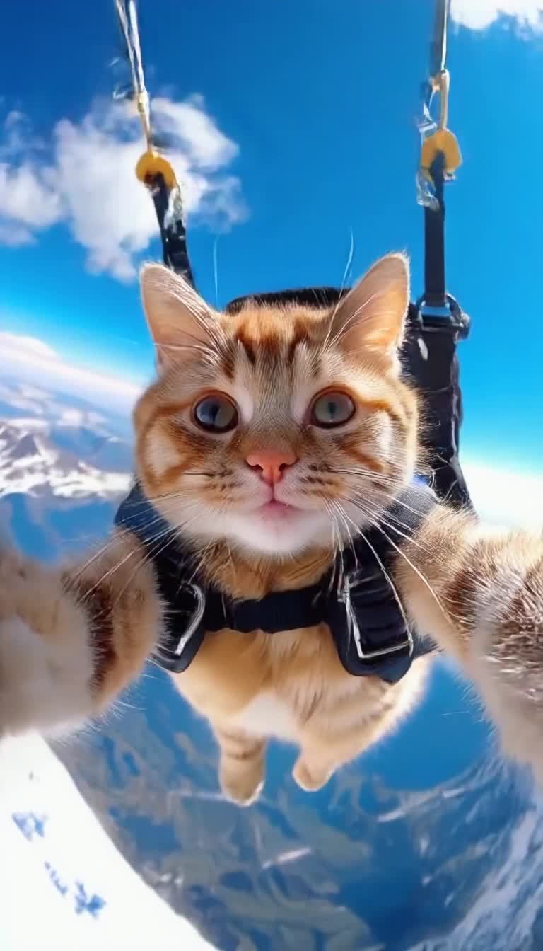 一只姜黄色的猫佩戴着黑色跳伞装备，在空中跳伞。猫的