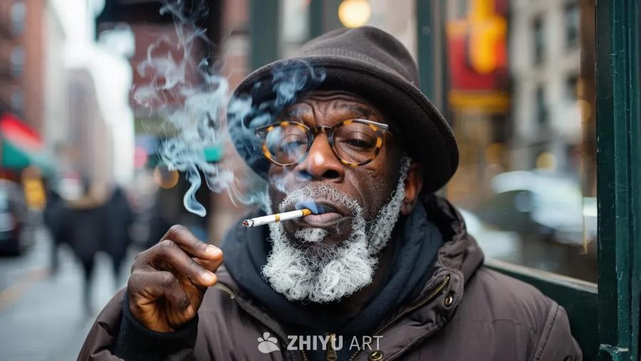 一位戴着帽子和眼镜的黑人男子叼着香烟，白色的烟雾从