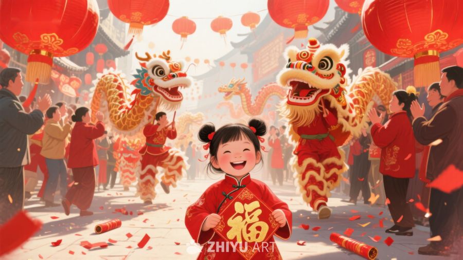 欢庆春节：舞龙舞狮与孩童笑颜 390