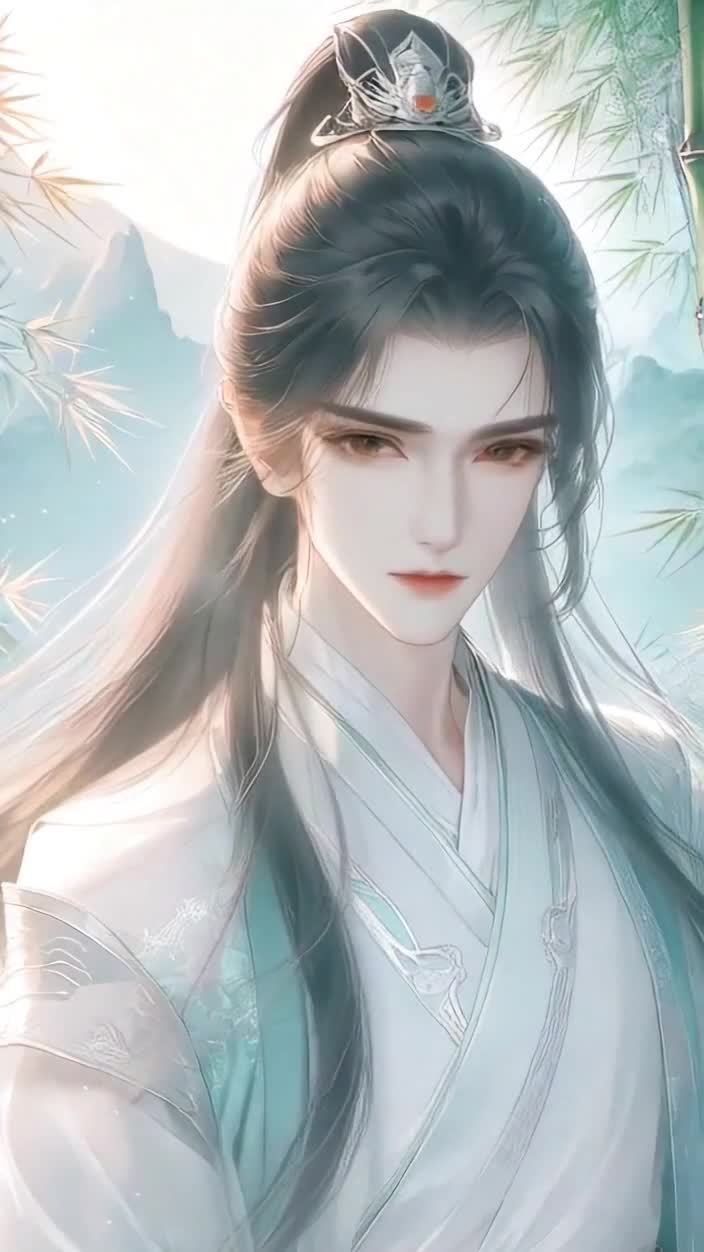古风男子着白衣，长发飘逸竹山背景。