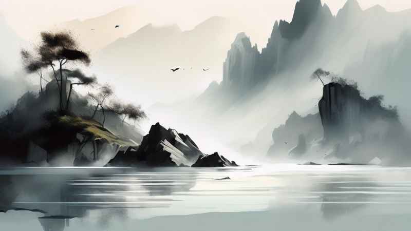 雾气缭绕水墨山水画简约风格 79