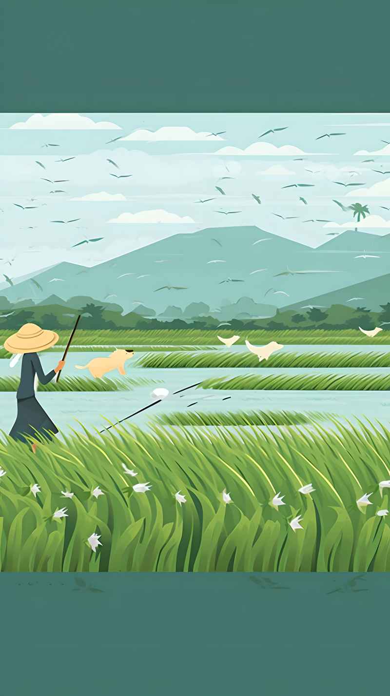 女人站在稻田与狗绿色插画 3