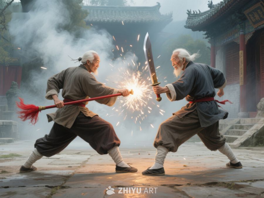 两位老者在古寺前激烈对战 639