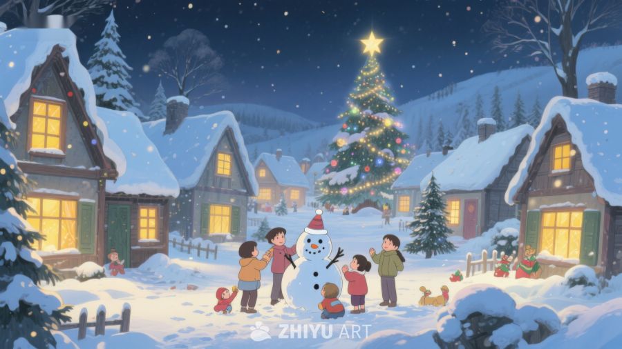 冬夜雪地里的温馨圣诞场景 112
