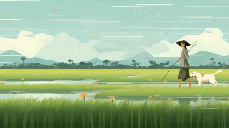 妇女站在稻田与狗，绿色插画风格 3