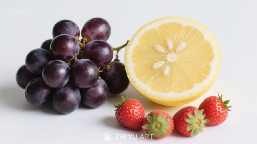 新鲜水果组合：葡萄、柠檬与草莓