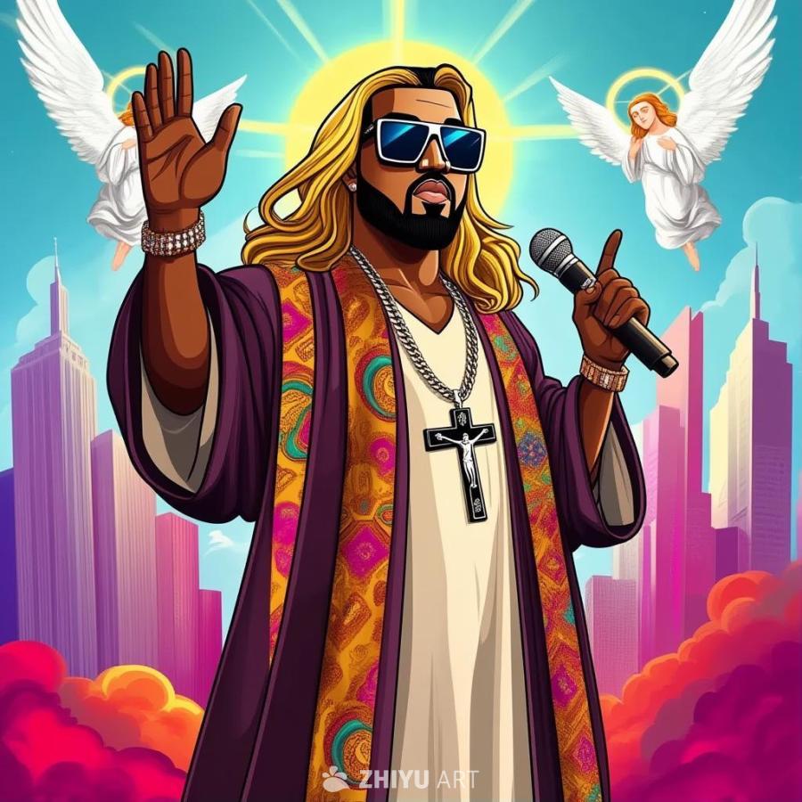 一个卡通人物，混合了耶稣和坎耶·韦斯特的特征，站在